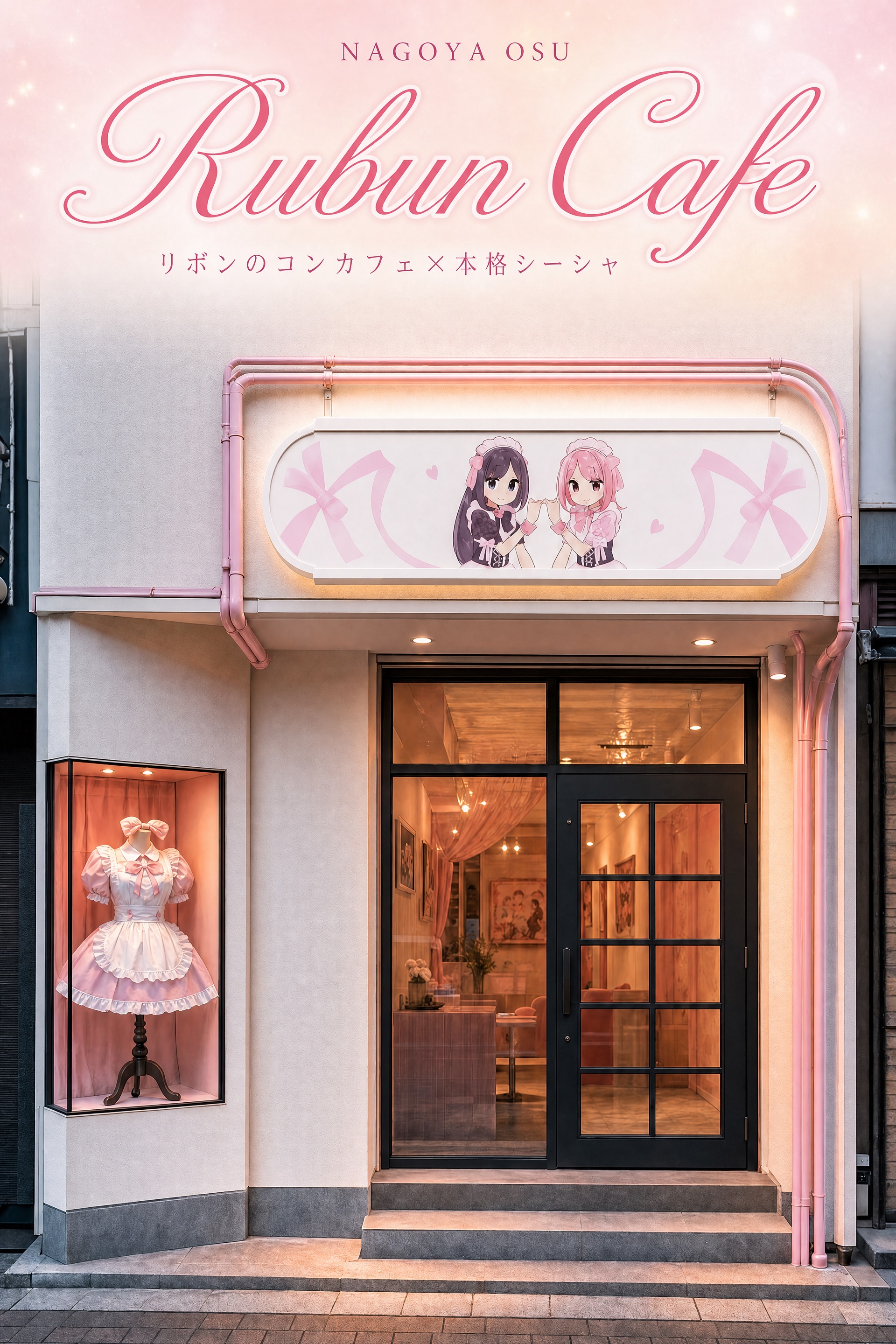 RUBUN CAFE 大須の外観。ピンクの看板とリボンモチーフ